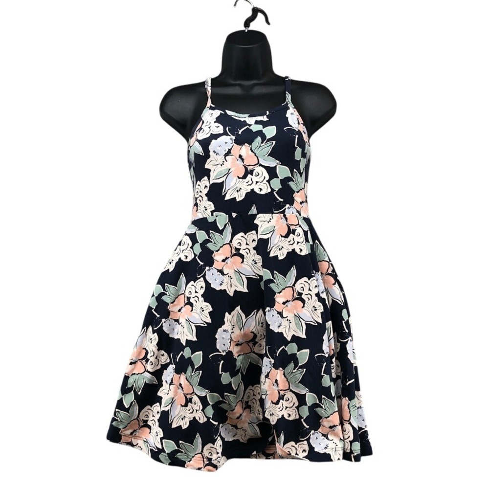 Pact Dress Womens XS‎ Navy Blue Floral Fit & Flare Organic Cotton Pockets Beach